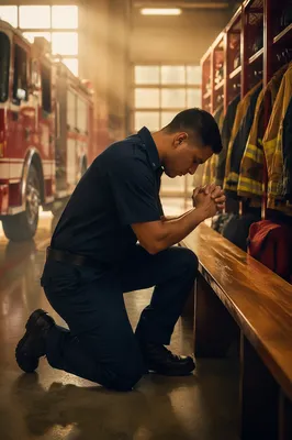Firefighter Praying at Dawn in Fire Station