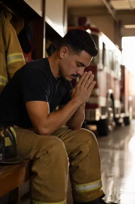 Firefighter Praying Quietly at Dawn Station