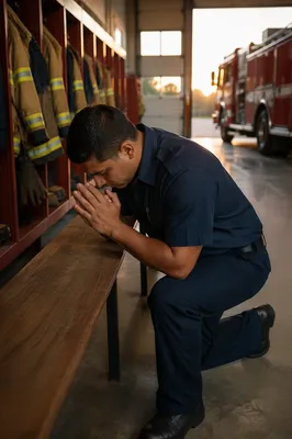 Firefighter Kneeling in Prayer at Dawn