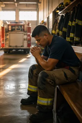 Firefighter Praying Quietly in Fire Station