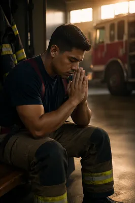 Firefighter Praying Quietly at Dawn Station