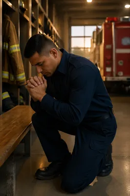 Firefighter Praying Quietly at Dawn Station