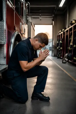 Firefighter Praying Beside Fire Engine