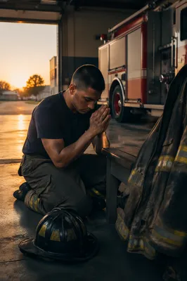 Firefighter Praying in Fire Station Bay