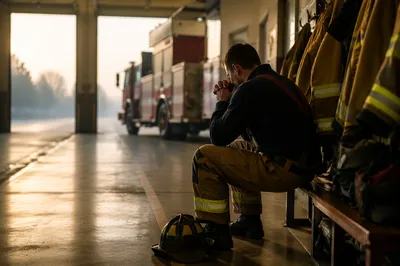 Firefighter Praying Quietly at Dawn Station