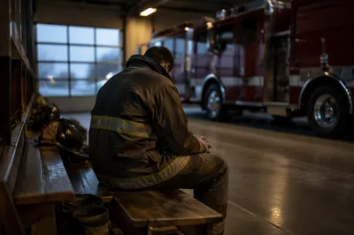 Firefighter Praying Quietly Before Dawn Shift