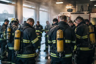 Firefighters Praying Quietly in Fire Station