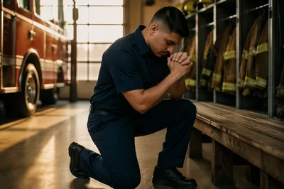Firefighter Praying Inside Fire Station at Dawn