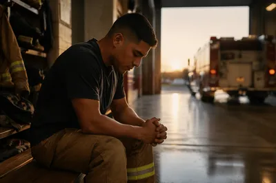 Firefighter Praying on Bench at Dawn