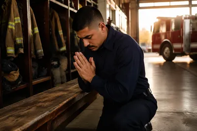 Firefighter Praying in Quiet Fire Station