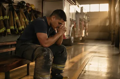 Firefighter Praying Alone in Station Bay