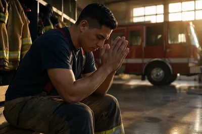 Firefighter Praying Alone in Fire Station