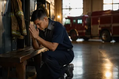 Firefighter Praying in Quiet Fire Station