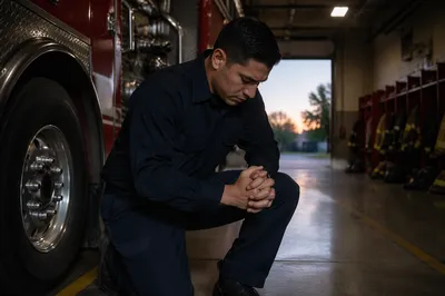Firefighter Praying Beside Fire Engine at Dawn