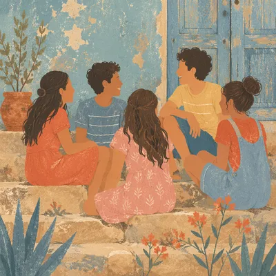 Young Friends Laughing on Rustic Stone Steps