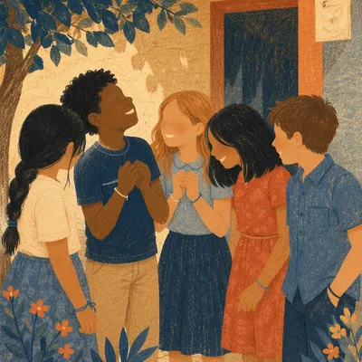 Joyful Friends Laughing in Sunlit Courtyard
