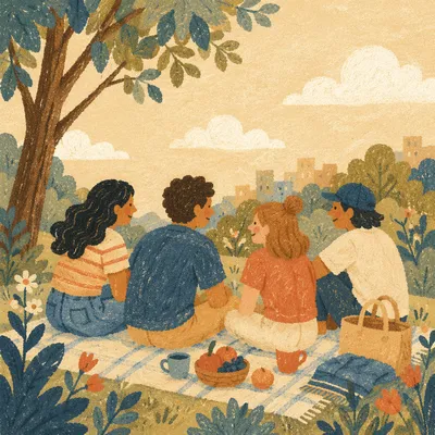 Joyful Friends Picnic in Golden Hour