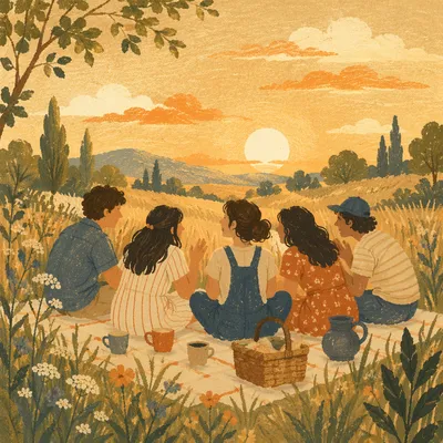 Friends Laughing in Golden Meadow Light