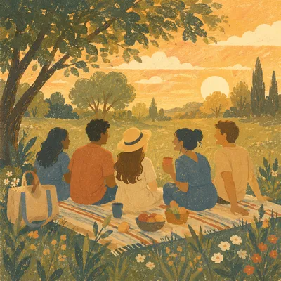 Friends Laughing in Golden Hour Meadow