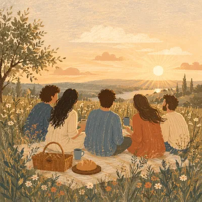 Friends Laughing on Golden Hillside Picnic