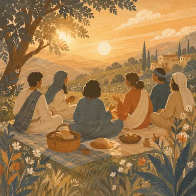 Friends Sharing Joy on Golden Hillside