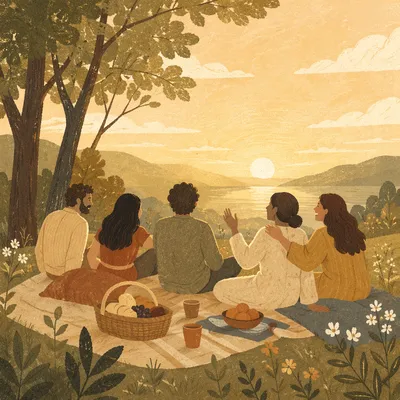 Friends Laughing on Golden Hillside Picnic