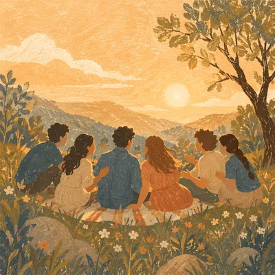 Friends Sharing Laughter on Golden Hillside