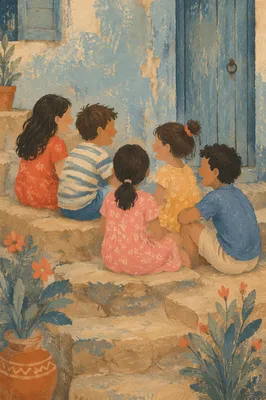 Friends Laughing on Rustic Outdoor Steps