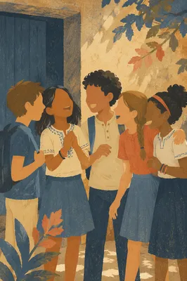 Joyful School Friends Laughing in Courtyard