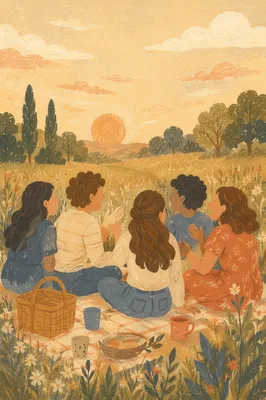 Friends Laughing in Golden Meadow Light