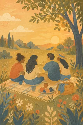 Friends Laughing Together in Golden Meadow
