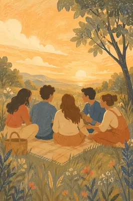 Friends Laughing on a Golden Hillside
