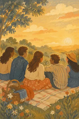 Friends Laughing on Golden Hillside