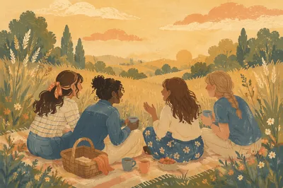 Friends Laughing in Golden Meadow Light