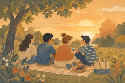 Friends Laughing Together in Golden Meadow