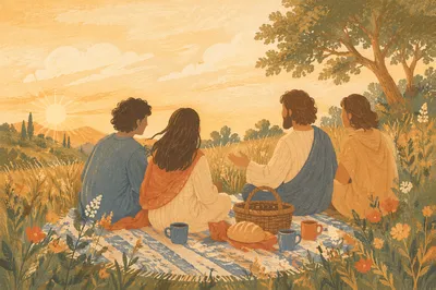 Friends Laughing on a Golden Hillside
