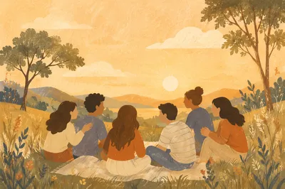 Friends Laughing on Golden Hillside