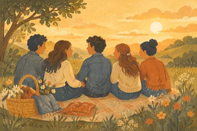 Friends Laughing on Golden Hillside
