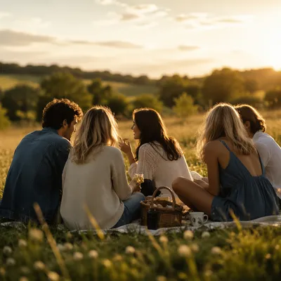 Friends Laughing in Golden Meadow Light