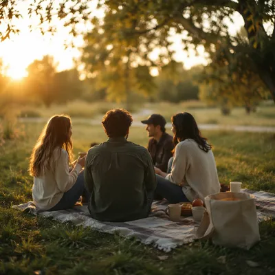 Friends Laughing in Golden Hour Meadow