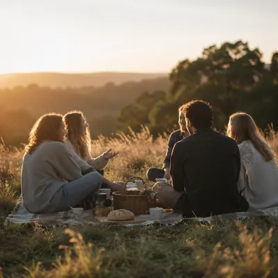 Friends Laughing on Golden Hour Hillside