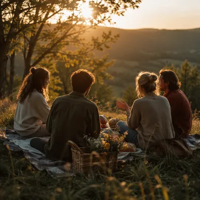 Friends Sharing Joy on Golden Hillside