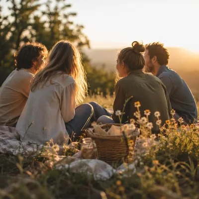 Friends Laughing on Golden Hour Hillside