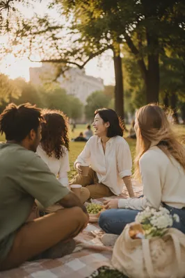 Joyful Friends Picnic in Golden Hour Park
