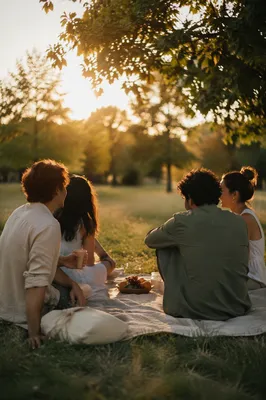 Friends Laughing Together in Golden Hour Meadow