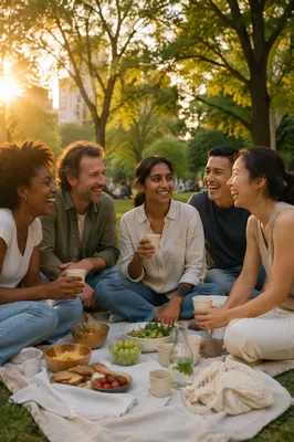 Five Friends Laughing at Park Picnic