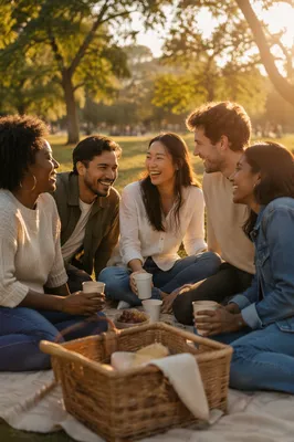 Five Friends Laughing at Park Picnic