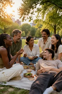 Six Friends Laughing at Park Picnic