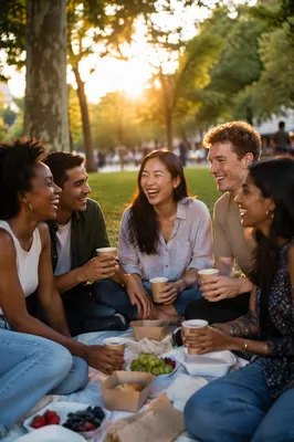 Five Friends Laughing in Park at Sunset