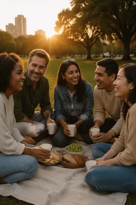 Five Friends Laughing at Park Picnic